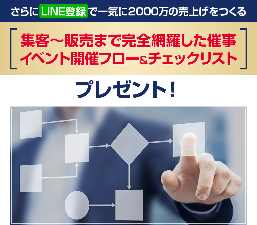 さらにLINE登録で一気に2000万の売上げをつくる「集客～販売まで完全網羅した催事 イベント開催フロー＆チェックリスト」プレゼント！